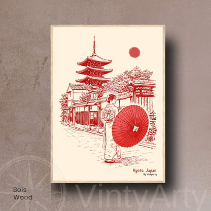 Affiche Kyoto Japon, femme en kimono, ombrelle rouge et pagode, poster vintage