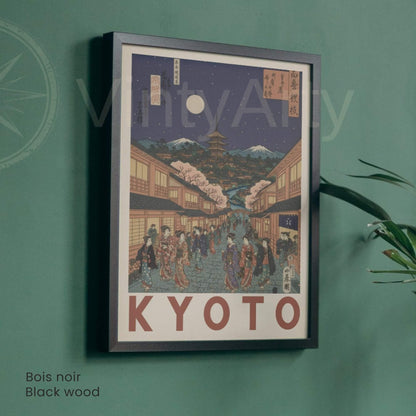 Affiche Kyoto nuit geishas pagode, poster voyage Japon estampe ukiyo-e