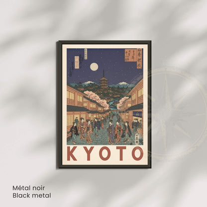Affiche Kyoto nuit geishas pagode, poster voyage Japon estampe ukiyo-e