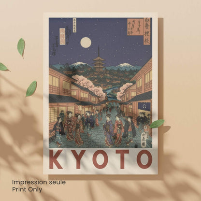 Affiche Kyoto nuit geishas pagode, poster voyage Japon estampe ukiyo-e