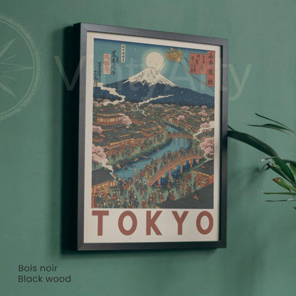 Affiche Tokyo Japon, Mont Fuji et sakura, poster vintage style estampe japonaise