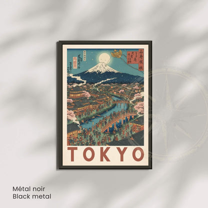Affiche Tokyo Japon, Mont Fuji et sakura, poster vintage style estampe japonaise