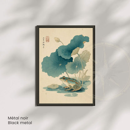 Affiche grenouille japonaise lotus, art mural estampe ukiyo-e nature zen