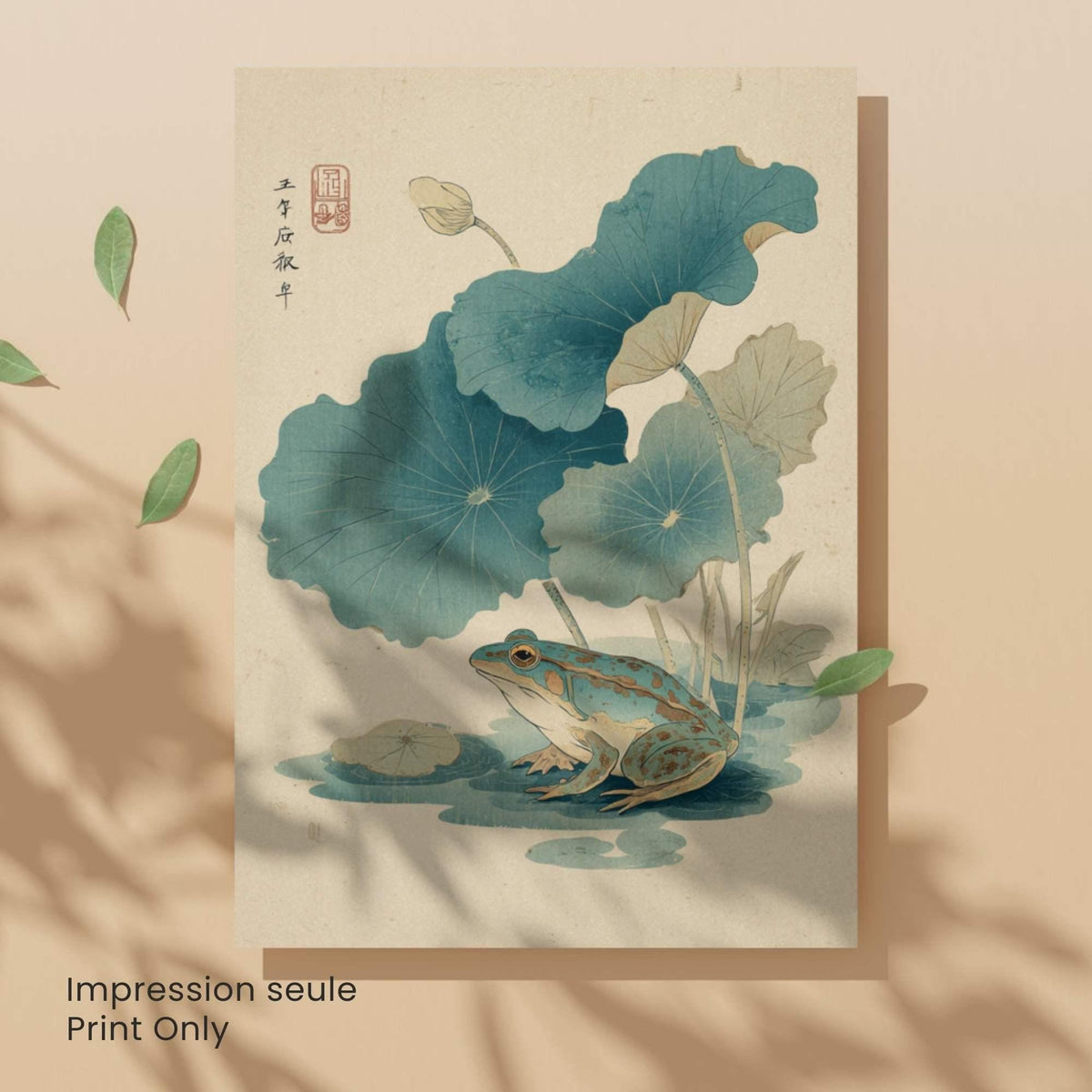 Affiche grenouille japonaise lotus, art mural estampe ukiyo-e nature zen