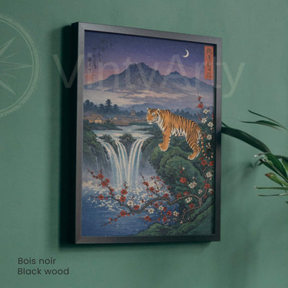 Affiche tigre japonais, cascade et lune, estampe vintage, art mural Japon