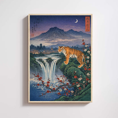 Affiche tigre japonais, cascade et lune, estampe vintage, art mural Japon