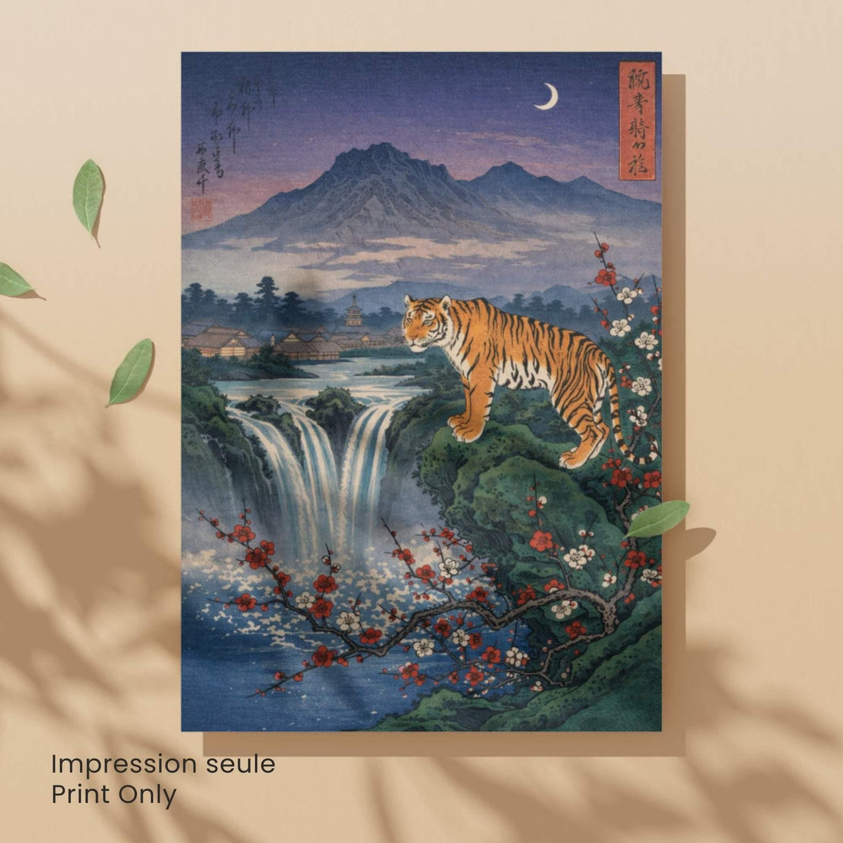 Affiche tigre japonais, cascade et lune, estampe vintage, art mural Japon