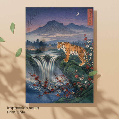 Affiche tigre japonais, cascade et lune, estampe vintage, art mural Japon