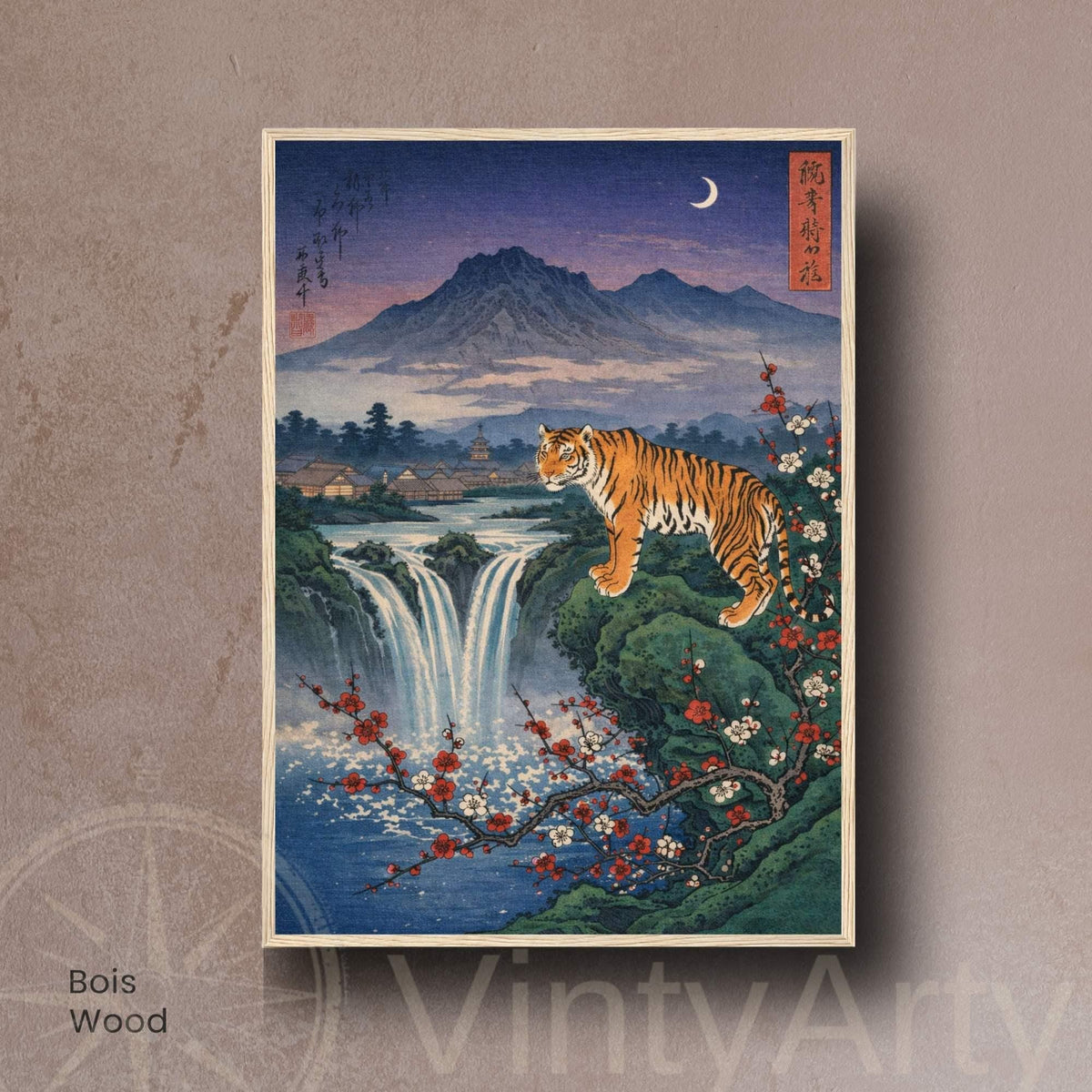 Affiche tigre japonais, cascade et lune, estampe vintage, art mural Japon