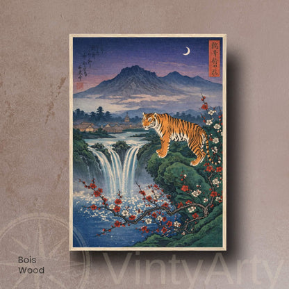 Affiche tigre japonais, cascade et lune, estampe vintage, art mural Japon