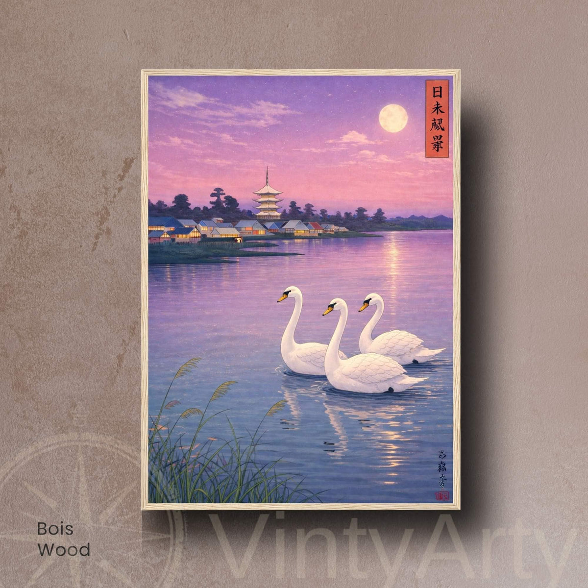 Affiche cygnes japonais lac crépuscule, art mural estampe pagode clair de lune