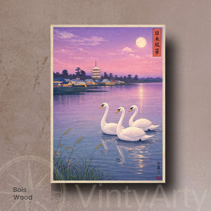 Affiche cygnes japonais lac crépuscule, art mural estampe pagode clair de lune