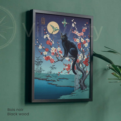 Affiche cygnes japonais lac crépuscule, art mural estampe pagode clair de lune