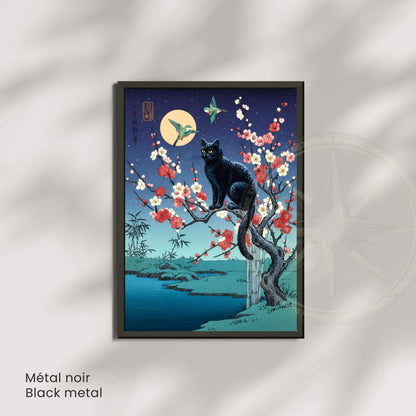 Affiche cygnes japonais lac crépuscule, art mural estampe pagode clair de lune