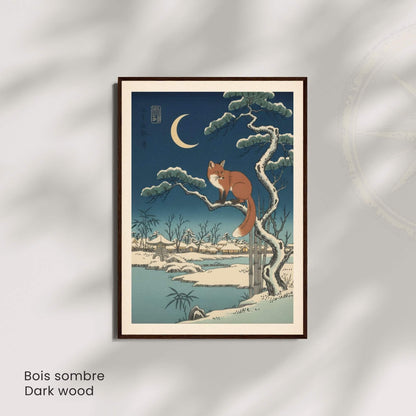 Affiche renard japonais neige clair de lune, art mural estampe ukiyo-e hiver