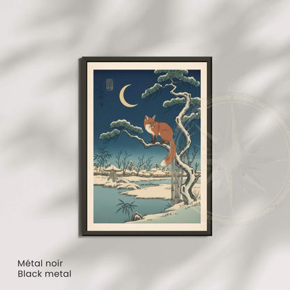 Affiche renard japonais neige clair de lune, art mural estampe ukiyo-e hiver