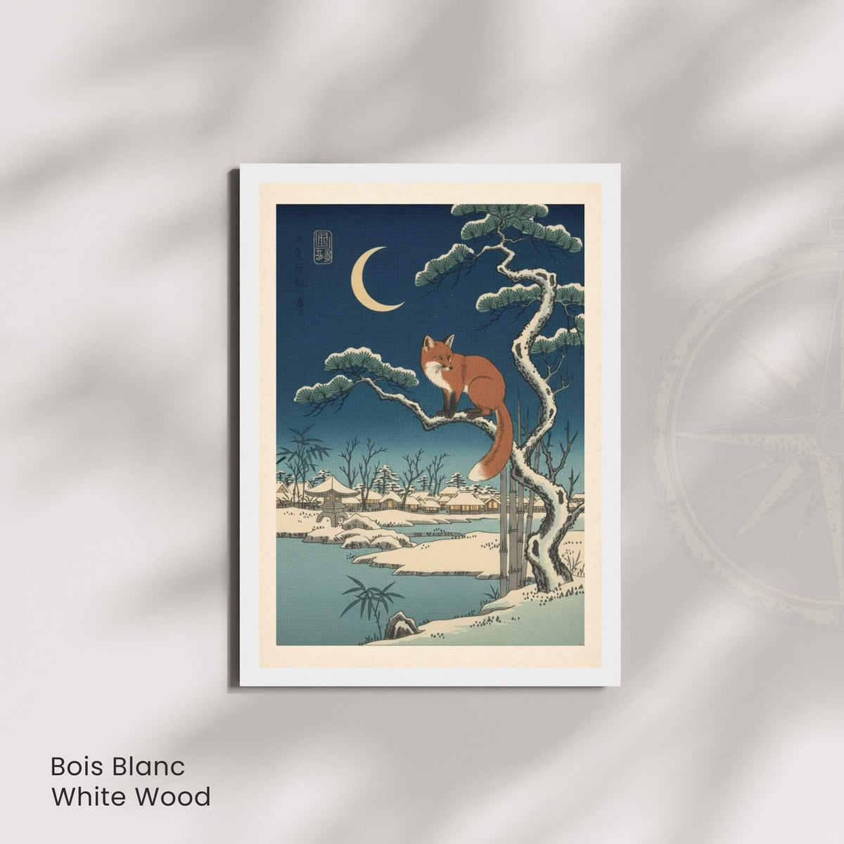 Affiche renard japonais neige clair de lune, art mural estampe ukiyo-e hiver