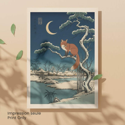 Affiche renard japonais neige clair de lune, art mural estampe ukiyo-e hiver