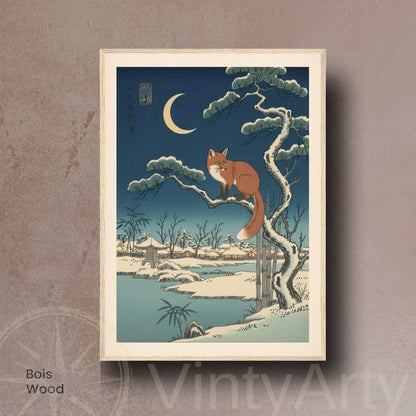 Affiche renard japonais neige clair de lune, art mural estampe ukiyo-e hiver