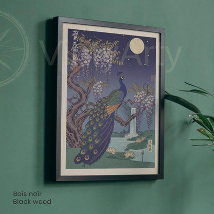 Affiche paon japonais glycine clair de lune, art mural estampe ukiyo-e cascade