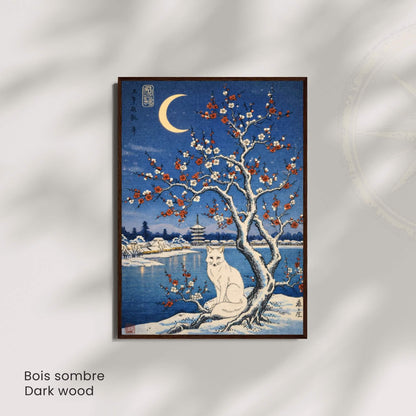 Affiche renard blanc japonais prunier neige, art mural estampe ukiyo-e hiver lune