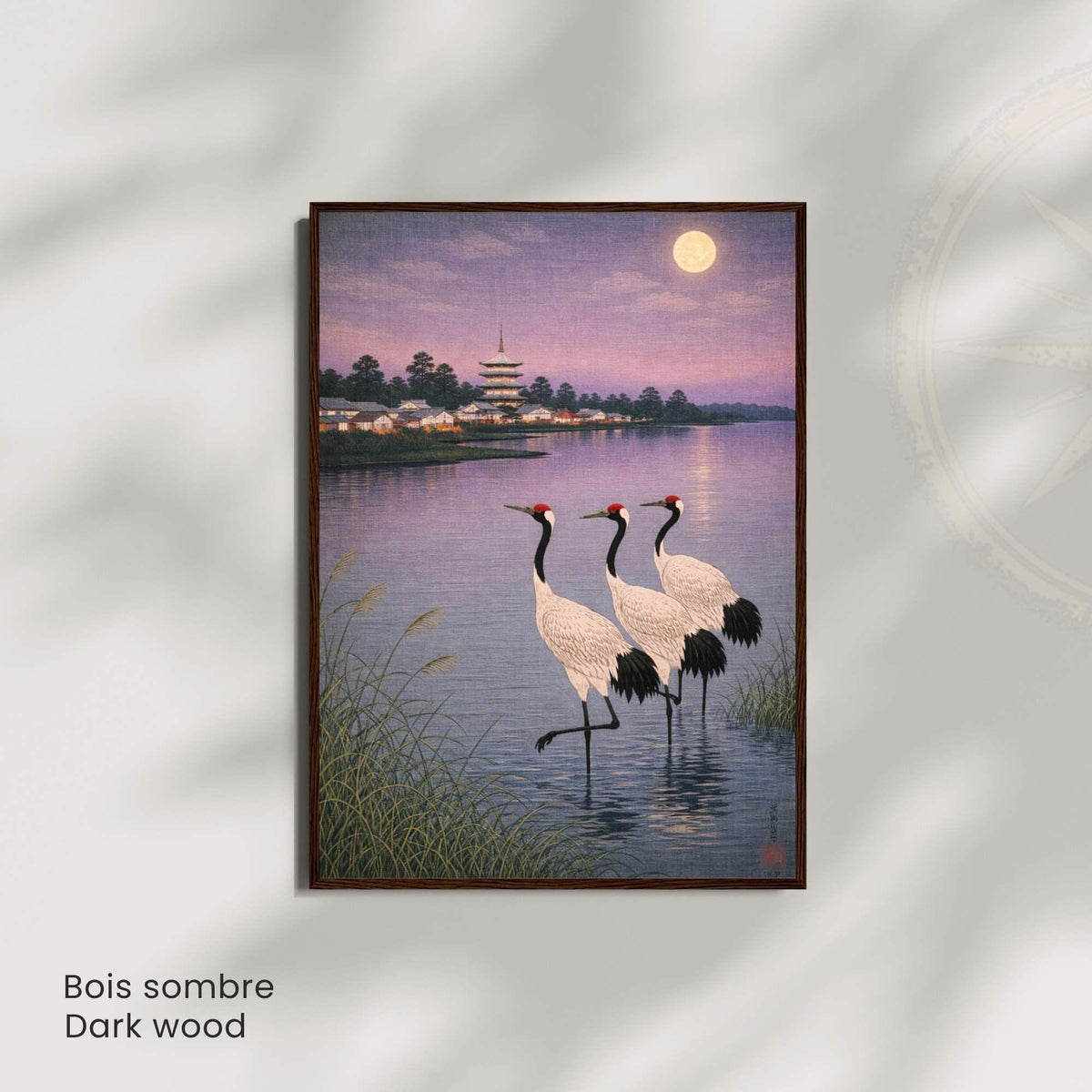Affiche grues japonaises au clair de lune, lac et pagode, art mural zen vintage