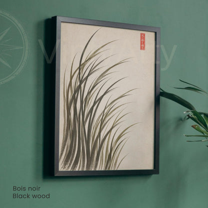Affiche herbes dans le vent encre japonaise, art mural sumi-e minimaliste fond crème