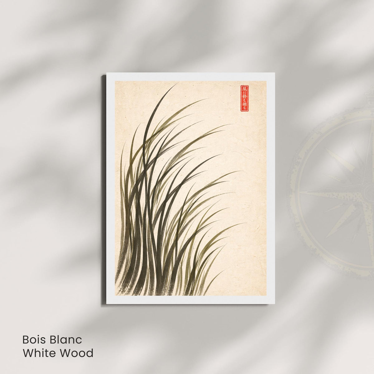 Affiche herbes dans le vent encre japonaise, art mural sumi-e minimaliste fond crème