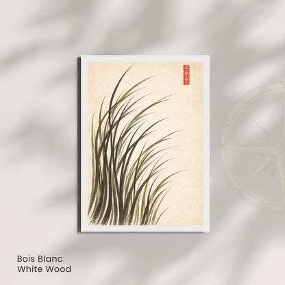 Affiche herbes dans le vent encre japonaise, art mural sumi-e minimaliste fond crème