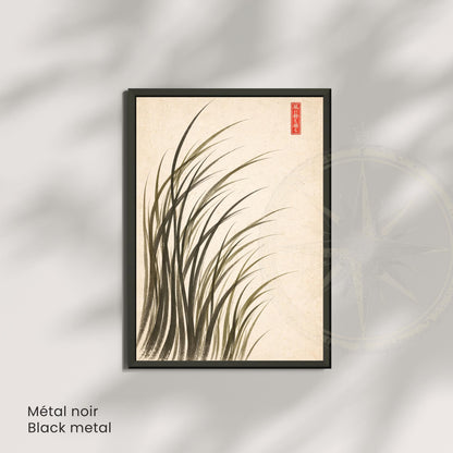Affiche herbes dans le vent encre japonaise, art mural sumi-e minimaliste fond crème