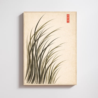Affiche herbes dans le vent encre japonaise, art mural sumi-e minimaliste fond crème