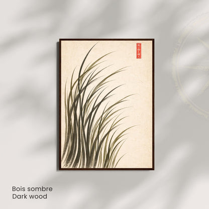 Affiche herbes dans le vent encre japonaise, art mural sumi-e minimaliste fond crème