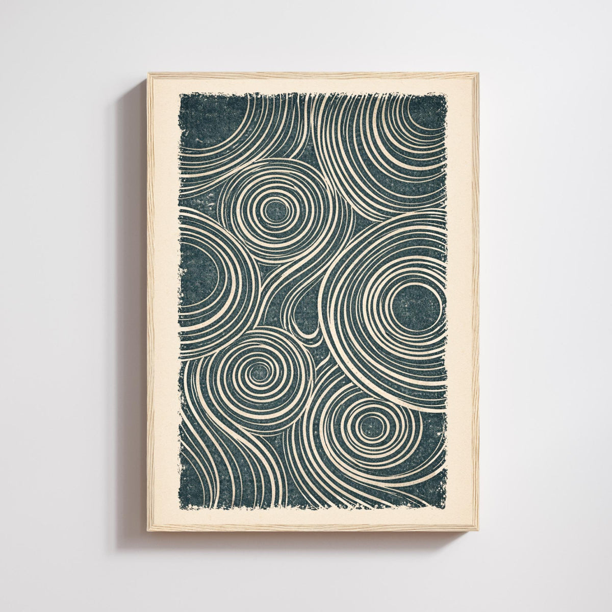 Poster minimaliste bleu et crème avec motif abstrait de cercles et lignes courbes