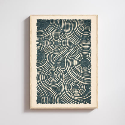 Poster minimaliste bleu et crème avec motif abstrait de cercles et lignes courbes