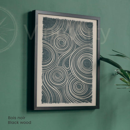 Affiche abstraite linogravure, lignes ondulées et cercles, poster minimaliste bleu pétrole