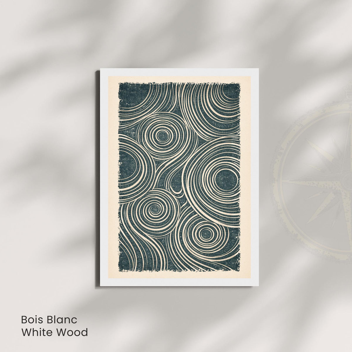 Affiche abstraite linogravure, lignes ondulées et cercles, poster minimaliste bleu pétrole