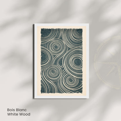 Affiche abstraite linogravure, lignes ondulées et cercles, poster minimaliste bleu pétrole