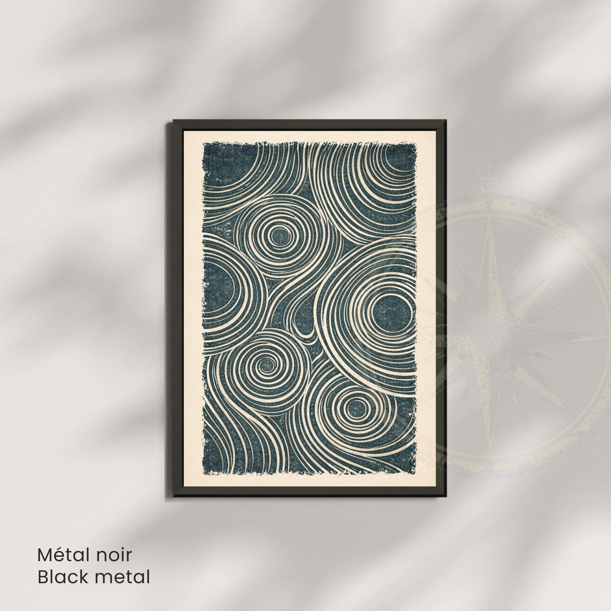 Affiche abstraite linogravure, lignes ondulées et cercles, poster minimaliste bleu pétrole