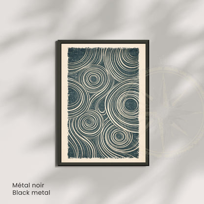 Affiche abstraite linogravure, lignes ondulées et cercles, poster minimaliste bleu pétrole