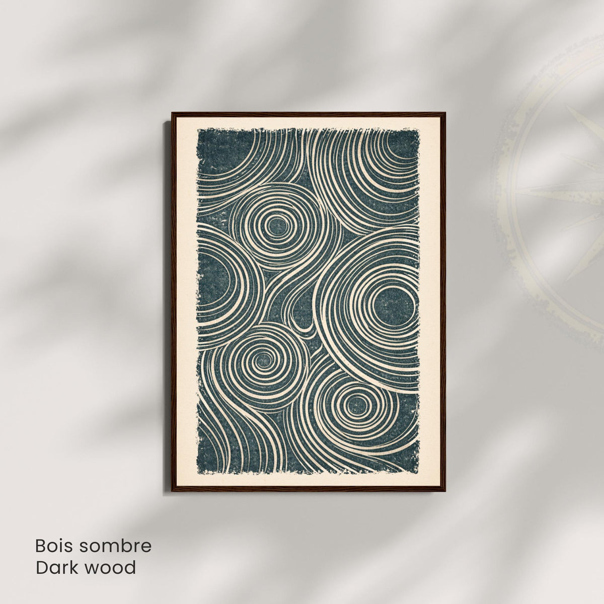Affiche abstraite linogravure, lignes ondulées et cercles, poster minimaliste bleu pétrole