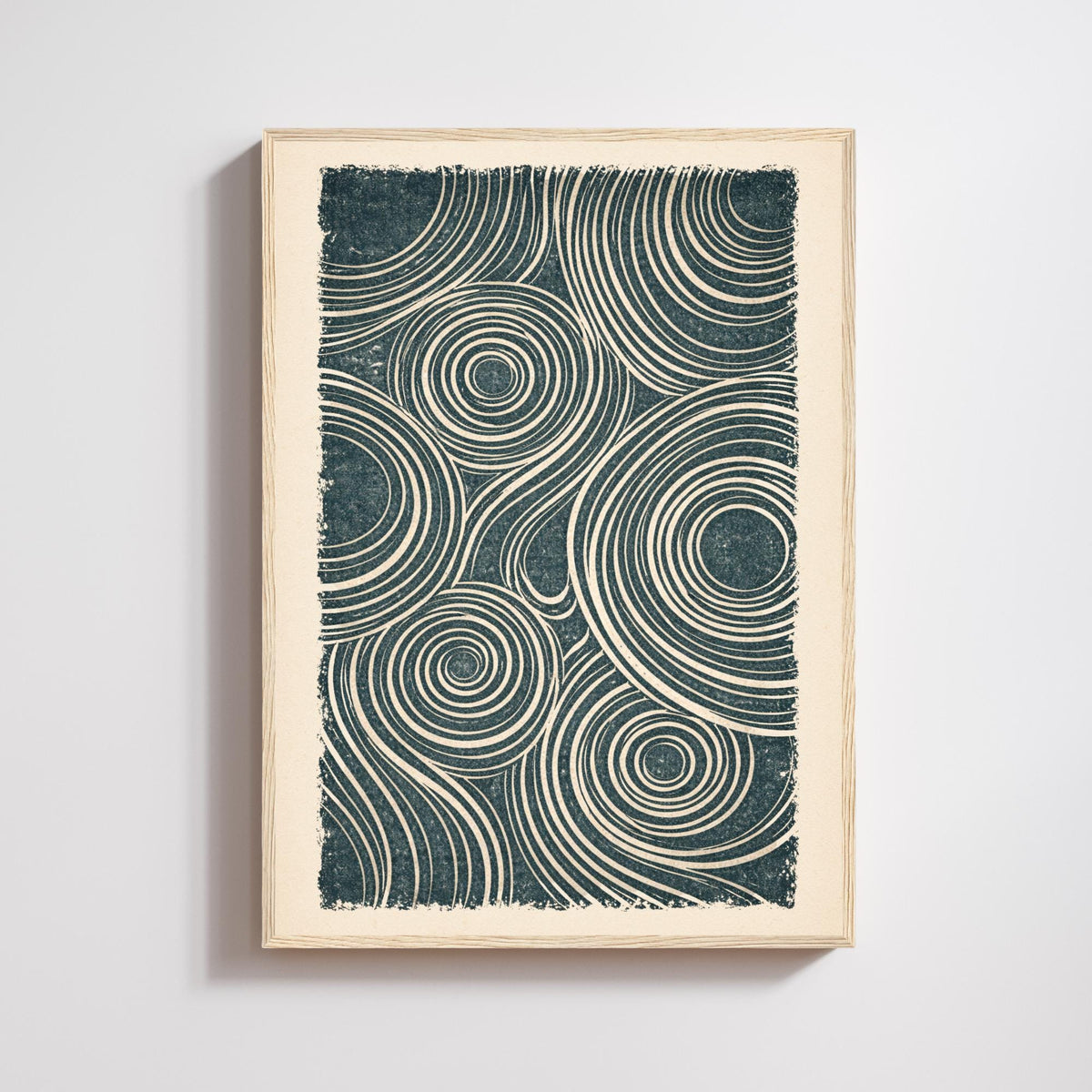 Affiche abstraite linogravure, lignes ondulées et cercles, poster minimaliste bleu pétrole