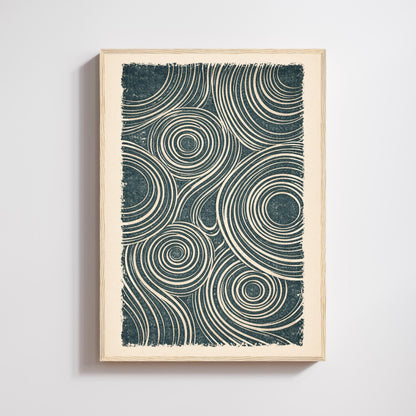 Affiche abstraite linogravure, lignes ondulées et cercles, poster minimaliste bleu pétrole
