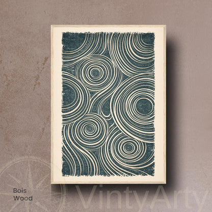 Affiche abstraite linogravure, lignes ondulées et cercles, poster minimaliste bleu pétrole