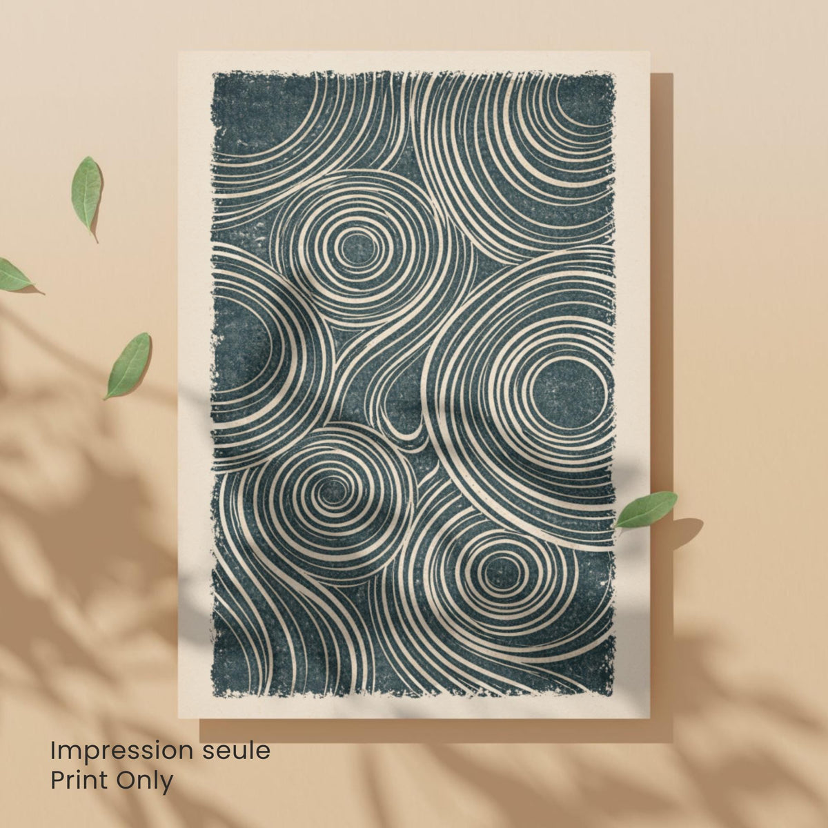 Affiche abstraite linogravure, lignes ondulées et cercles, poster minimaliste bleu pétrole