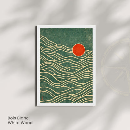 Affiche vagues japonaises vert soleil rouge, art mural estampe vintage texturée