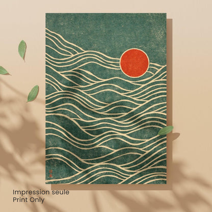 Vintage Japanese wave wall art unframed, green red sun golden lines textured print