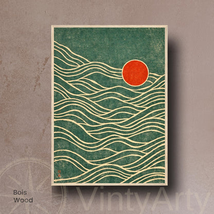 Affiche vagues japonaises vert soleil rouge, art mural estampe vintage texturée
