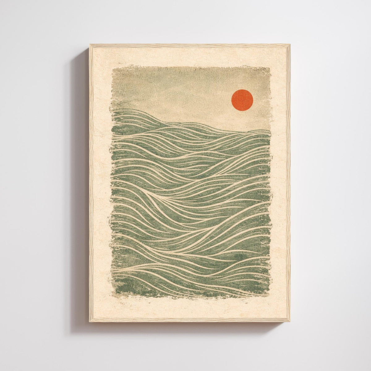 Vintage Japanese wave wall art unframed, green red sun golden lines textured print