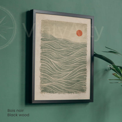 Vintage Japanese wave wall art unframed, green red sun golden lines textured print