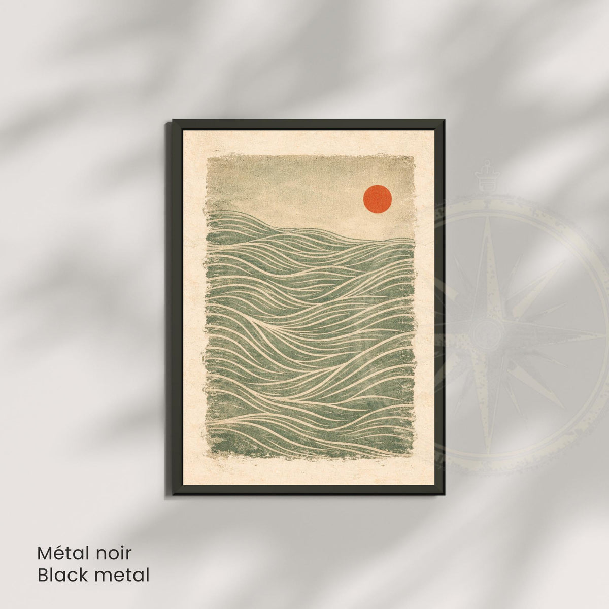 Vintage Japanese wave wall art unframed, green red sun golden lines textured print